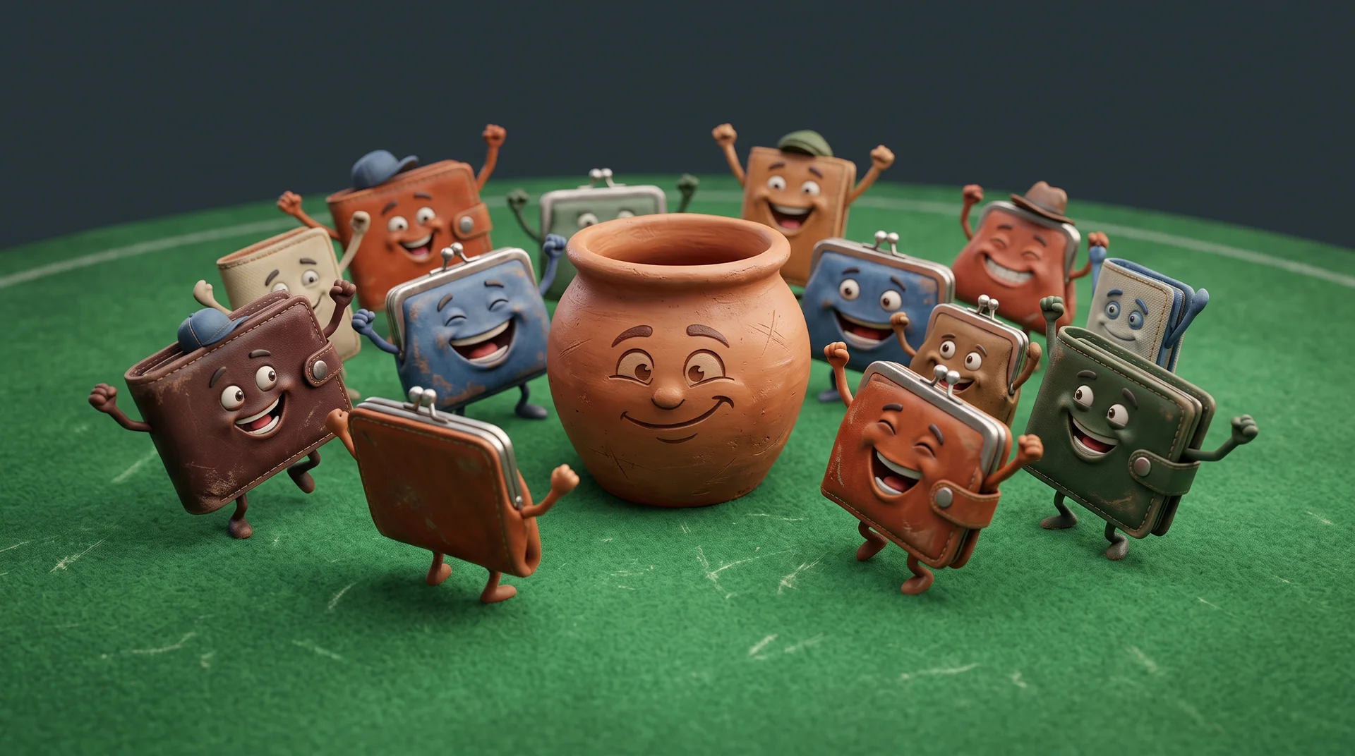 Cartoon wallets cheering around the pot
