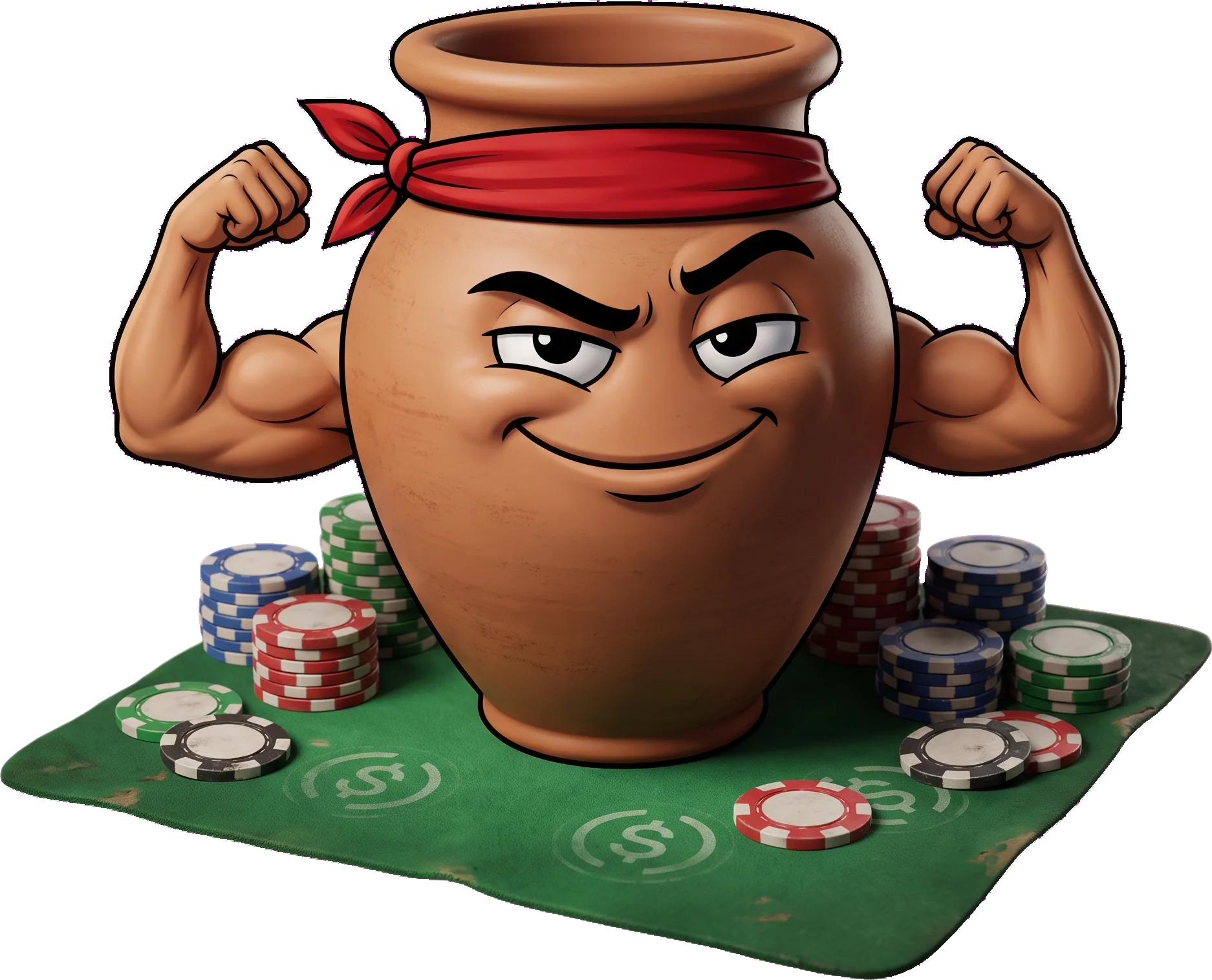 Potty, the pottery jar mascot, flexing on the felt