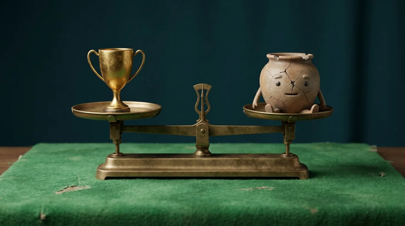 Brass balance scale with a trophy and a broken pot